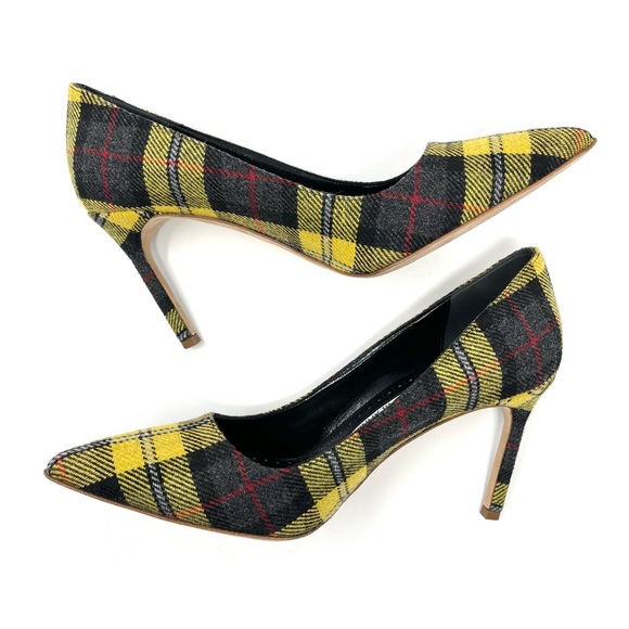 Manolo Blahnik BB Yellow Black Plaid Tartan Pointed Toe Heels Pumps Shoes 39 9 - Picture 6 of 10